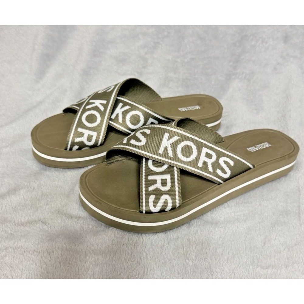 MICHAEL KORS CROSSOVER SLIDE SUZI SANDALS Platform SZ 10 Signature Logo